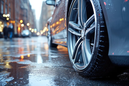 Close-up of a Car Wheel on a Wet City Street at Duskの素材