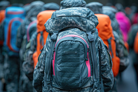 Close-up of a Camouflage Backpack with Pink Detailの素材