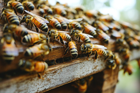Close-up of Honeybees on Wooden Hive Surfaceの素材