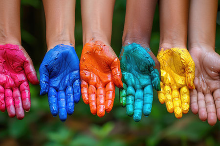 Hands Painted with Different Colors Against a Green Backgroundの素材