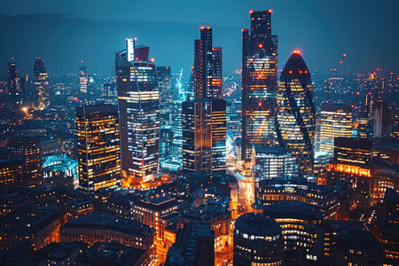 London Cityscape Illuminated at Night with Skyscrapers and Street Lightsの素材