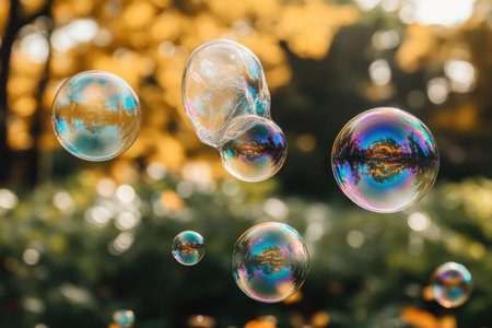 Iridescent Soap Bubbles Floating in the Air with a Bokeh Backgroundの素材