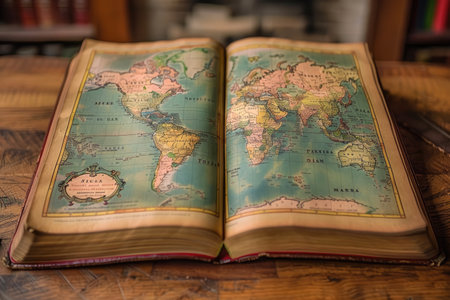 Open Antique Book with Detailed World Mapの素材