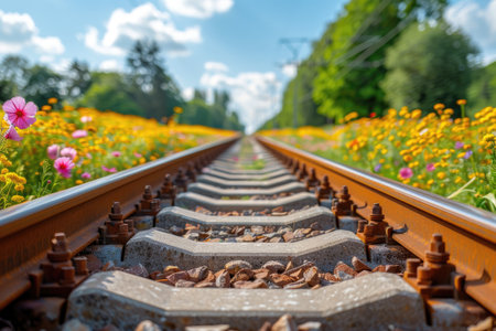 Railroad Tracks with Wildflowers and a Blue Skyの素材