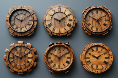 Six Wooden Analog Clocks With Roman Numerals on a Gray Wallの素材
