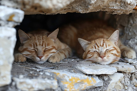 Two Orange Tabby Cats Resting in a Stone Nicheの素材