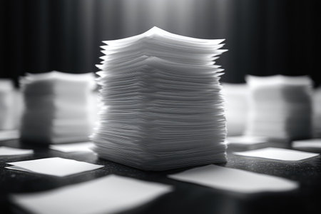 Tall Stack of Papers on a Dark Surfaceの素材