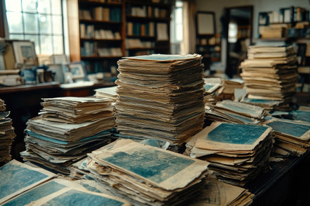 Stacks of Old Papers and Books in a Room with Bookshelvesの素材