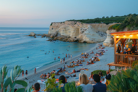 Sandy beach with many people relaxing on the shore under a light blue sky at sunset.  A wooden structure sits on the cliff overlooking the scene.の素材