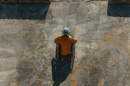 Overhead shot of an individual in a wheelchair traversing a textured paved area, highlighting the contrasts in light and shadow.の素材