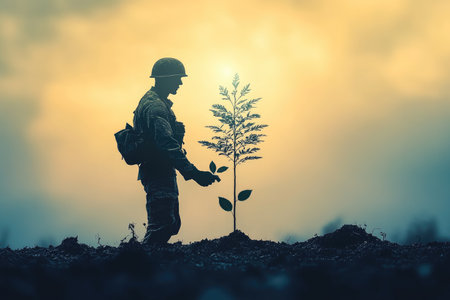 Pensive soldier in silhouette tends to a small seedling during a serene sunrise, a symbolic image of hope and renewal.の素材