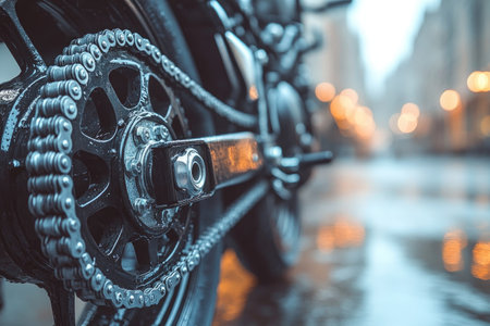 Detailed view of a motorcycle's chain drive mechanism, showing the chain, sprockets, and gears. The background is out of focus with a city street scene, suggestive of a rainy day.の素材