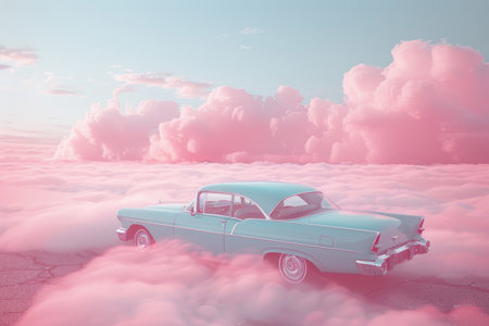 Light blue vintage car seems to float above soft, pink clouds in a dreamy, surreal landscape.の素材