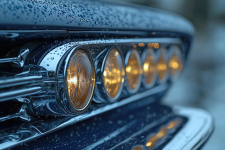 Close-up shot of a classic car's front end, featuring rain droplets and illuminated headlights.の素材