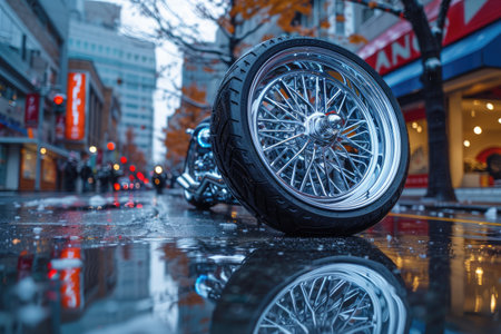 Low-angle view of a motorcycle with its wheel resting on a wet city street, with reflections of the buildings and surroundings in the puddles.の素材