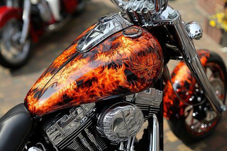 Customized motorcycle fuel tank showcasing a vibrant flame design.  Shiny chrome accents and details are visible.の素材