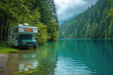 Camper van rests on a picturesque lakeshore, surrounded by lush green trees and a serene body of water. The scene evokes a feeling of tranquility and peace.の素材