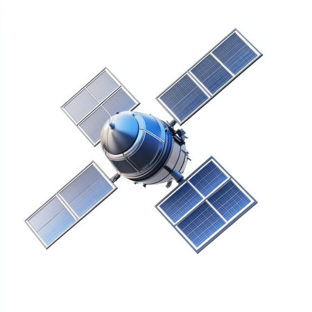 Digitally rendered, top-down view of a  spacecraft with solar panels, isolated against a plain white backdrop.  It displays intricate design details.の素材