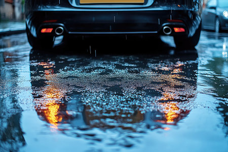 Raindrops on the windshield and rear of a car in the rainの素材