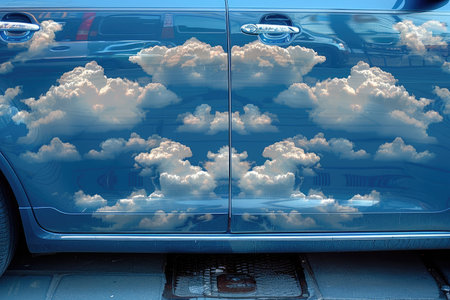 Blue car with clouds in the sky. Photo for your design.の素材