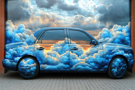Blue car with clouds and sky on the background. 3d renderingの素材