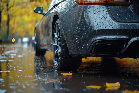 Car on the road in the rain. Rainy autumn day.の素材