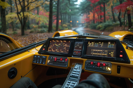 Interior view of a classic yellow cabriolet in the autumn forestの素材