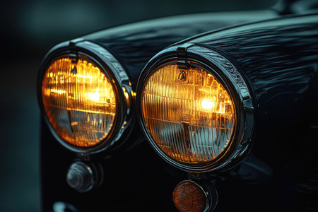 Closeup of a headlight of a vintage car. Selective focus.の素材