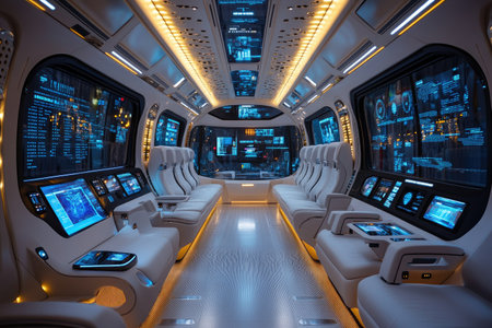 Cockpit of an airplane with control panels. 3D renderingの素材