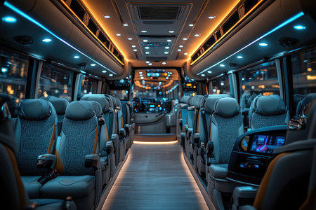 Interior of a modern bus with seats and lights. 3d renderingの素材