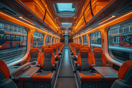 Interior of a train with orange seats in a train station.の素材