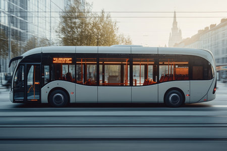 Modern bus in the city. 3d rendering, toned imageの素材