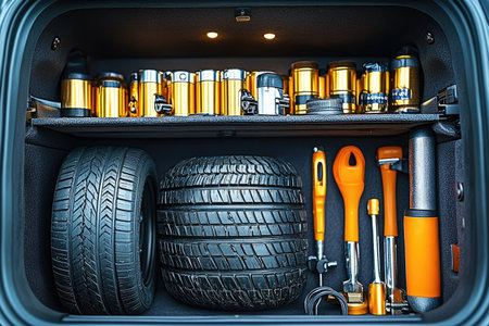 Set of tools in a car trunk. Auto service and repair concept.の素材