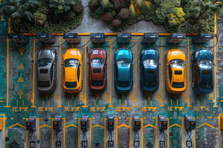 Top view of a parking lot with cars parked in a row.の素材