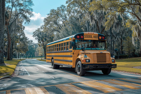 School bus on the road in the morning, South Carolina, USA.の素材