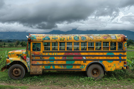 Old school bus with colorful graffiti on the roof and mountain background.の素材