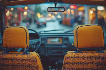 Interior of a taxi car with yellow seats in the city.の素材
