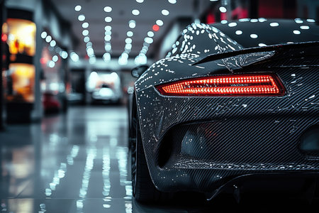 Close-up of a black sports car in the showroom.の素材