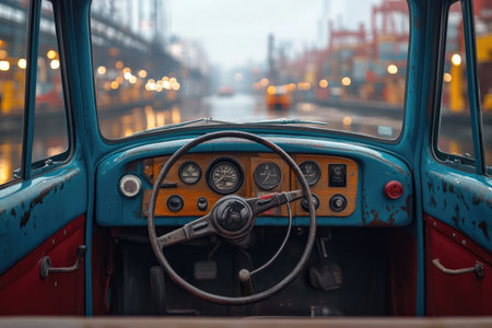 Steering wheel of a vintage car in the port of Hamburg, Germanyの素材