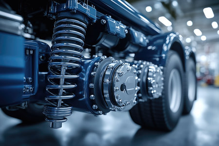 Close-up of a blue car with shock absorber in a factoryの素材