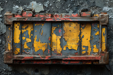 Rusty metal plates with yellow and black paint on a dark backgroundの素材