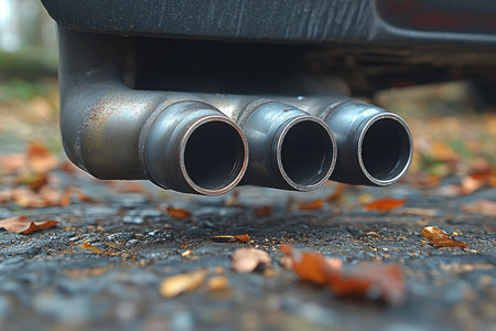 Close-up of exhaust pipes of a car on the asphalt.の素材