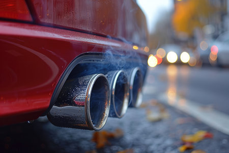 Close-up of the exhaust pipe of a red car on the streetの素材
