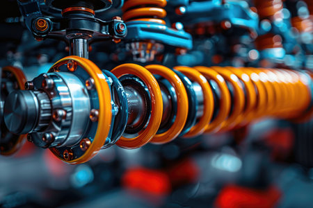Car parts and accessories. Auto service industry. Close up of new car suspension.の素材
