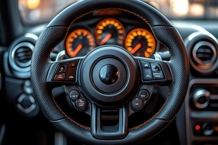 Modern car interior. Steering wheel and dashboard. Close up.の素材