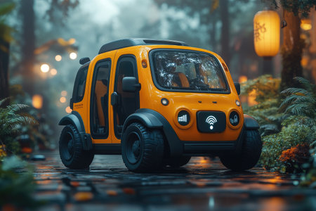 Miniature car on the road in the rain. 3d rendering.の素材