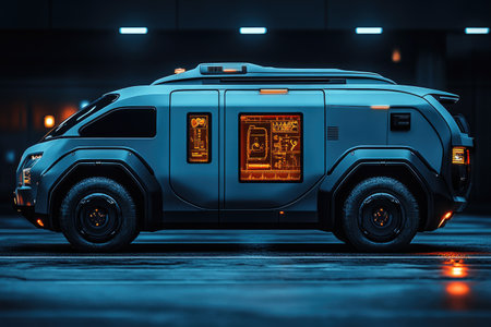 3d rendering of a brand-less generic police car in the darkの素材