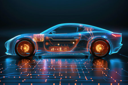 3d rendering of a blue sports car with digital circuit on the backgroundの素材