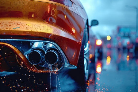 Car in the rain on a city street. Shallow depth of field.の素材