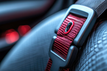 Car seat belt with red light, close up. Modern car interior detailsの素材